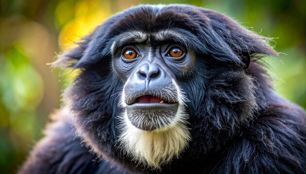 Siamang Gibbon with Inflated Throat Sac Close-Up Portrait in Natural Forest Setting