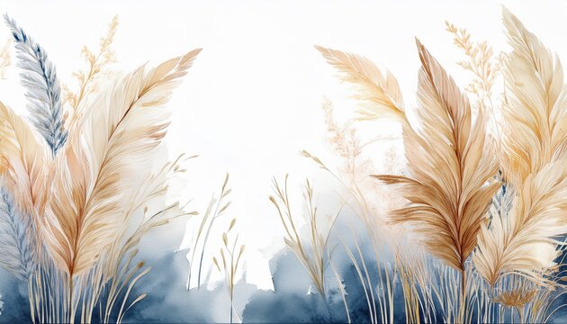 postcards with watercolor painted grass dry pampas grass in beige and blue colors no text backgrounds for wedding invitations in rustic and boho style