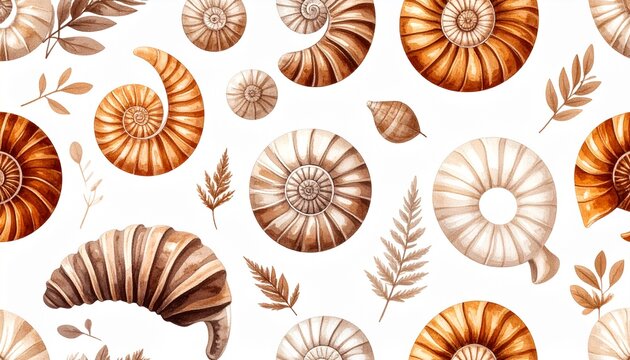 Seamless Pattern of Fossil Varieties Including Ammonites, Trilobites and Prehistoric Leaves in Flat Scientific Illustration Style