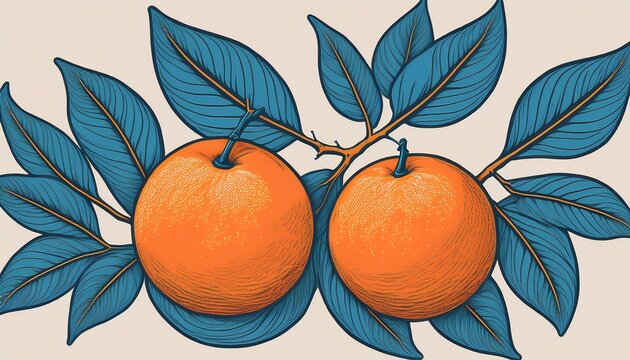 a blue and orange drawing of an orange tree branch with two oranges on it the drawing has a light and cheerful mood