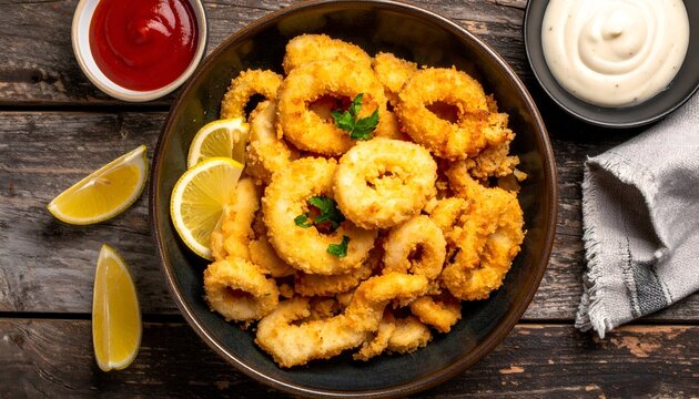 Fried calamari rings in bowl with lemon, sauces, top view on wooden table