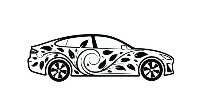 Electric car decorated with elegant leaf and vine patterns represents eco-friendly transportation, nature-inspired design, and sustainable mobility.