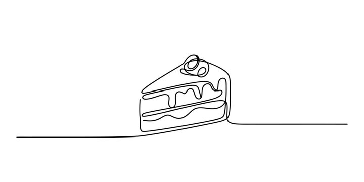 Slice of cake with frosting and cherry on top, drawn in a single continuous line art style