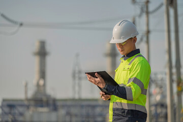 Obraz premium Asian male electrical engineer holding digital tablet standing at power plant station. Professional energy industry technician working on infrastructure maintenance and renewable resource project.