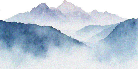 Snowy Alps mountain peak under a misty sunset sky with clouds and fog filling the valley below © Abdul