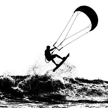 Silhouette of a person kitesurfing above ocean waves against white background