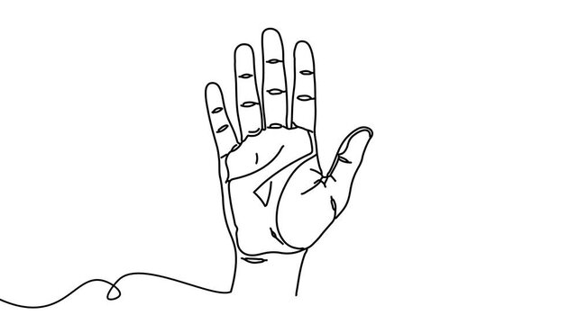 Animation of line drawing of raised open palm symbolizing stop discrimination.