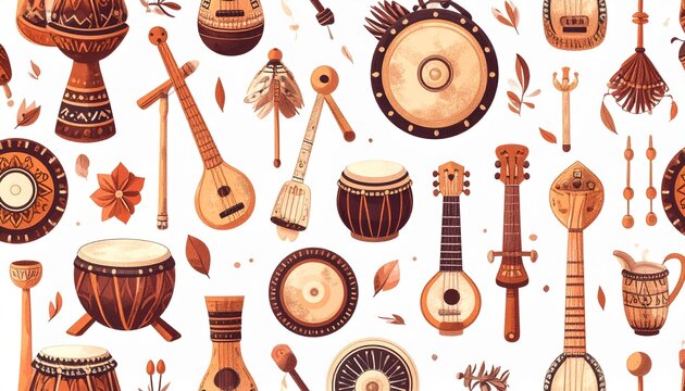 Traditional Indonesian Gamelan Instruments Seamless Pattern Flat Illustration Background