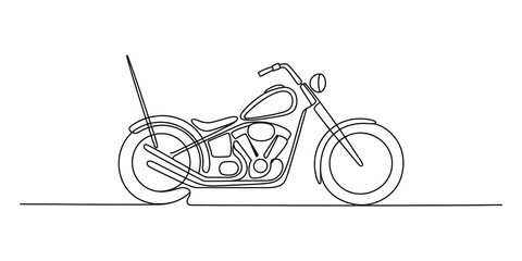 Single line drawing of a classic motorcycle, chopper style, black and white outline © Bobita