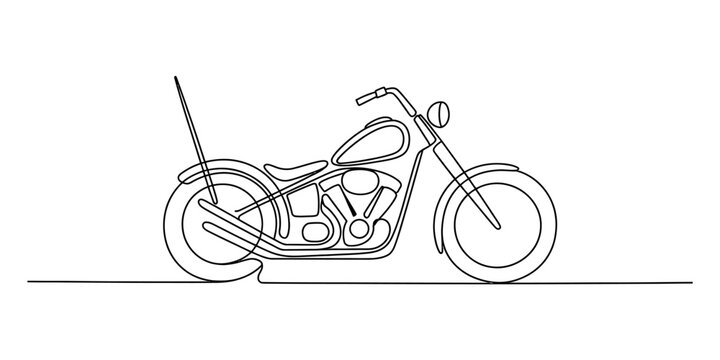 Single line drawing of a classic motorcycle, chopper style, black and white outline
