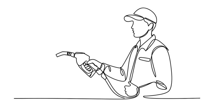 Man in cap holding a gas pump nozzle, continuous line drawing