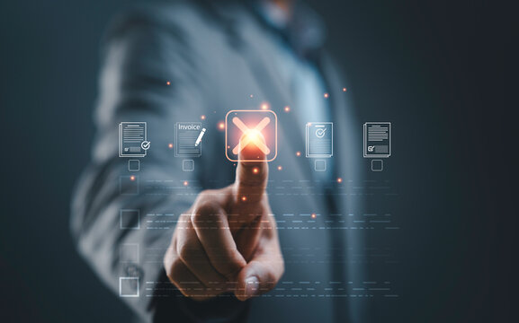 Digital document rejection and compliance failure concept with businessman pressing reject button on virtual interface. Symbol of audit issue, workflow denial, verification error and review process.