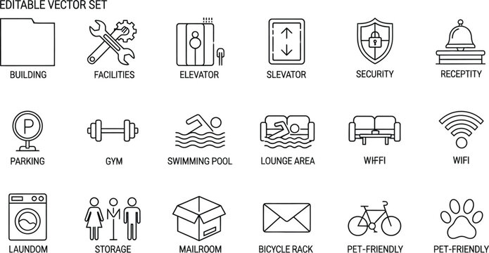Editable for building amenities and services facilities elevator security