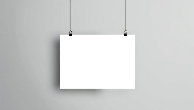 A horizontal empty white paper poster hanging on black clips against a plain light gray background