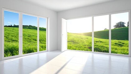 Fototapeta premium Bright, white room with open door and large windows overlooking green hills