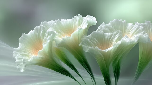 Close-up of three white flowers with green stems, arranged in a way that they are almost touching each other