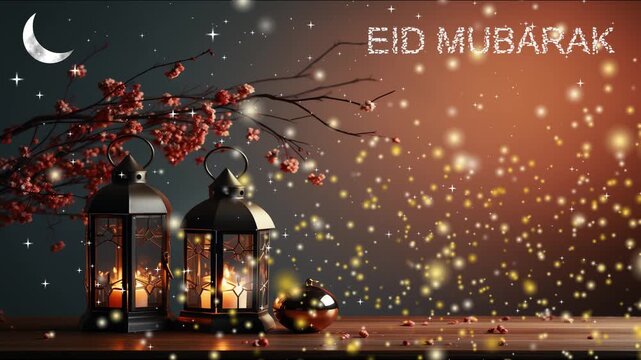  Eid mubarak greeting animation, with glowing lantern and sparkling and stars snow in night moting
