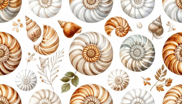 Seamless Pattern of Fibonacci Spirals in Natural Shells and Objects on White Background