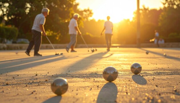 Men Playing P?tanque at Sunset Outdoor.