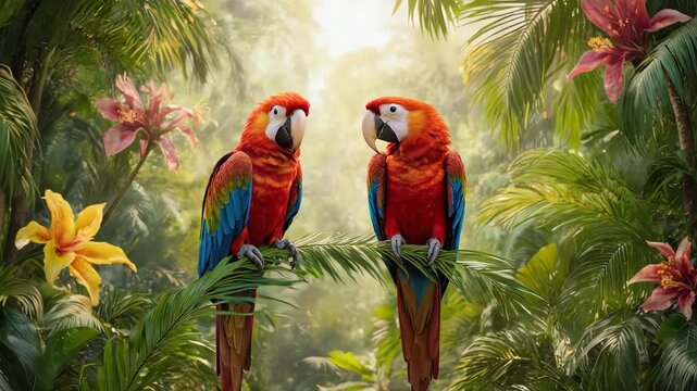 Two Red Parrots in Jungle Setting.