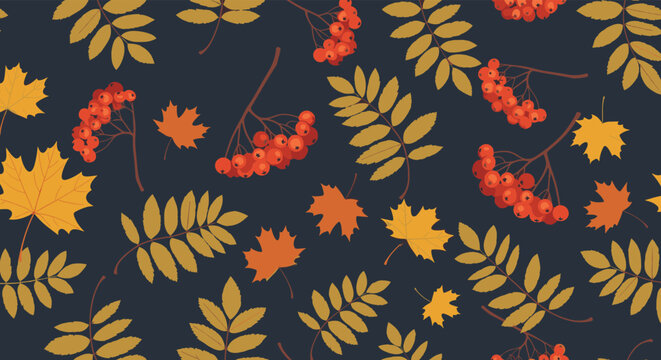 Autumnal seamless pattern displays golden maple leaves and clusters of orange rowan berries on a dark navy blue background for fall decor.