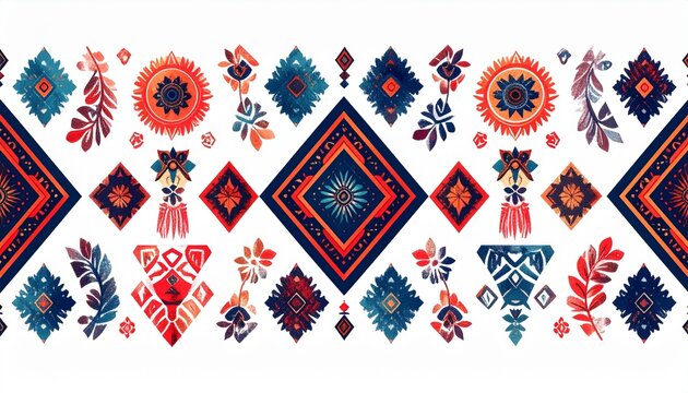 Colorful Hmong Story Cloth Symbols Seamless Pattern in Flat 2D Illustration Style