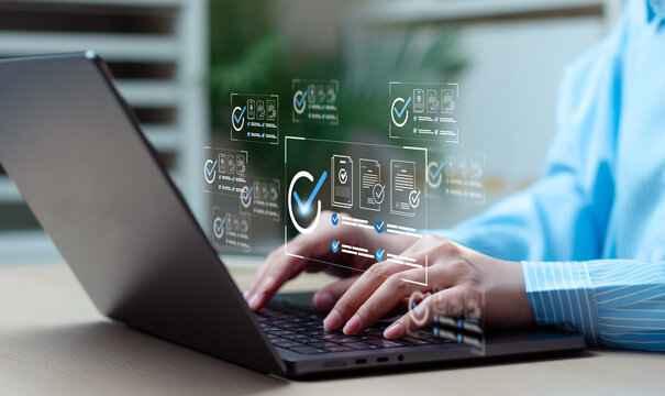Businesswoman taking assessment with digital checklist and questionnaire, completing survey tasks, business evaluation, technology workflow and productivity concept.