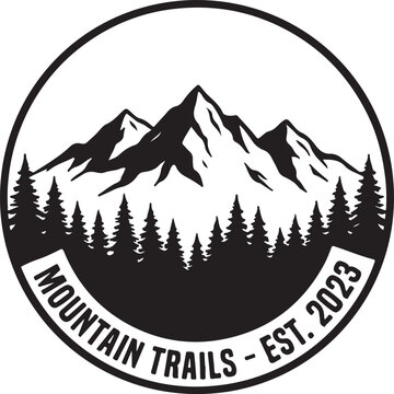 Black mountain logo, outdoor adventure badge, nature trail emblem, monochrome landscape icon