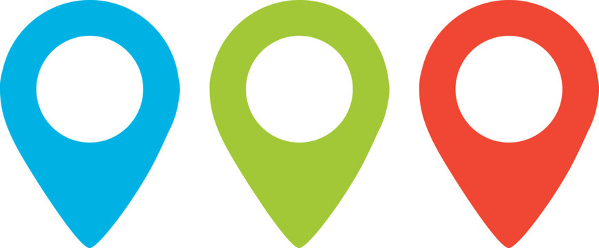 Blue, green and red location pins. You are here. Vector hand drawn location pictograms collection.
