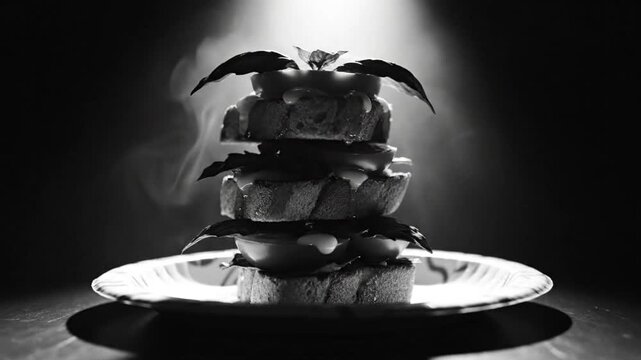 Black and white still life photograph of a stacked sandwich with tomatoes, basil, and cheese on a plate.