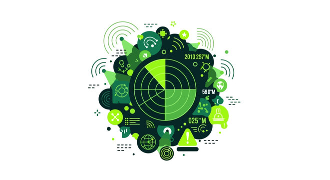 Futuristic Green Radar Interface HUD Vector Illustration with Data Visualization, Scanning Icons, and Monitoring Elements for Technology and Security Concepts