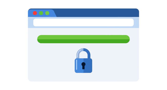 Web Browser Security Illustration with Padlock and Green Progress Bar for Safe Browsing and SSL Encryption Concepts