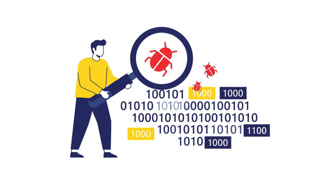 Software Developer Debugging Code with Magnifying Glass to Find Bugs and Malware in Binary Data. Flat Vector Illustration for Cybersecurity and Quality Assurance.