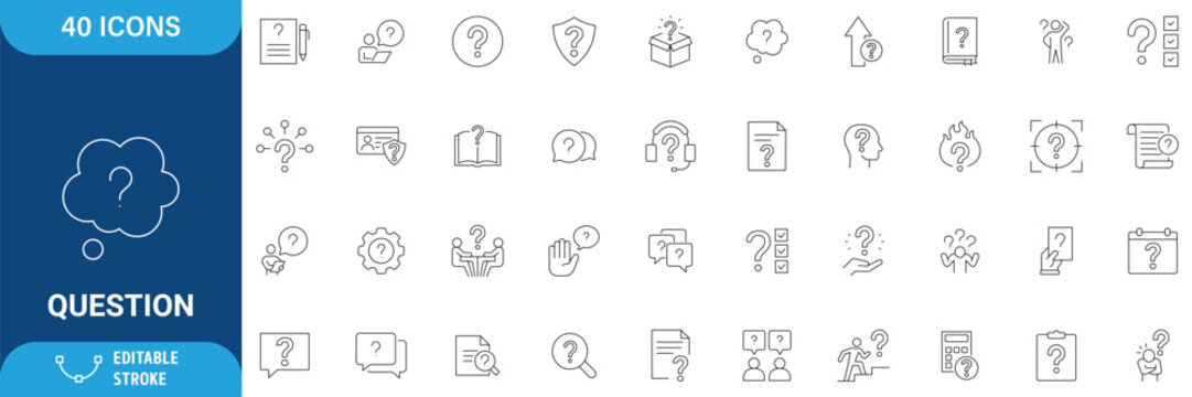 Question icon set. Containing Problem, confusion, asking, questioning, question mark, ask, help, speech, problem solve, and more. Icon Collection. Vector illustration. Editable stroke