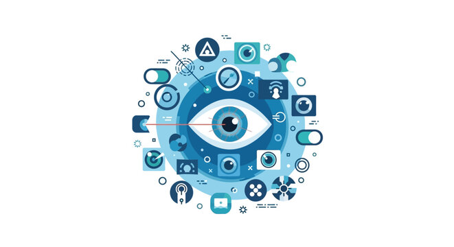 Digital Surveillance and Cyber Security Concept Illustration with Eye and Monitoring Technology Icons on White Background