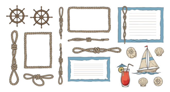 Nautical design elements set featuring rope frames, knots, ship steering wheels, seashells, and a sailboat isolated on a plain white background.