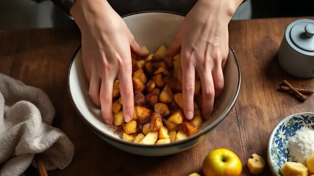 Hands mixing chopped apples with cinnamon in a bowl for baking.