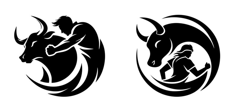 Black and white vector illustration of a strong man with a bull logo set isolated on transparent background