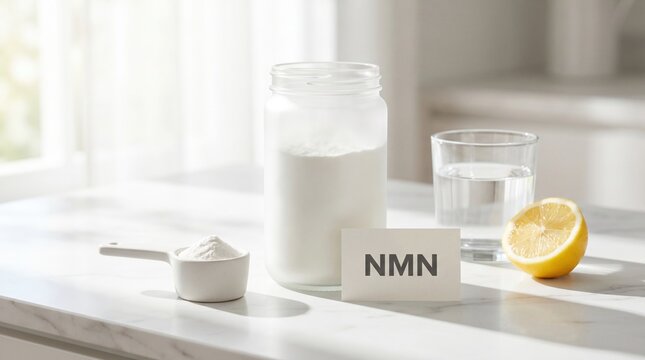 Jar of NMN supplement powder with measuring spoon and lemon on counter