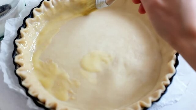 Hand brushing raw pie crust with egg wash before baking