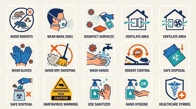 An illustration depicts various hygiene icons and signs for healthcare and safety measures.