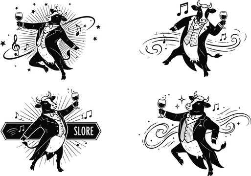 Four dancing cow wearing party hats and holding drinks, with musical notes and stars