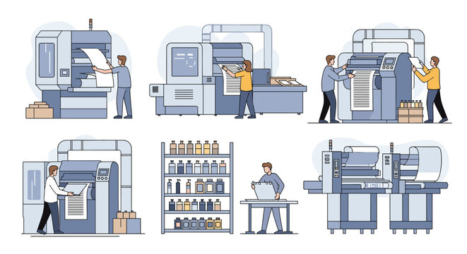 Collection of industrial scenes showing professional workers operating large printing and labeling machines in a modern factory setting.