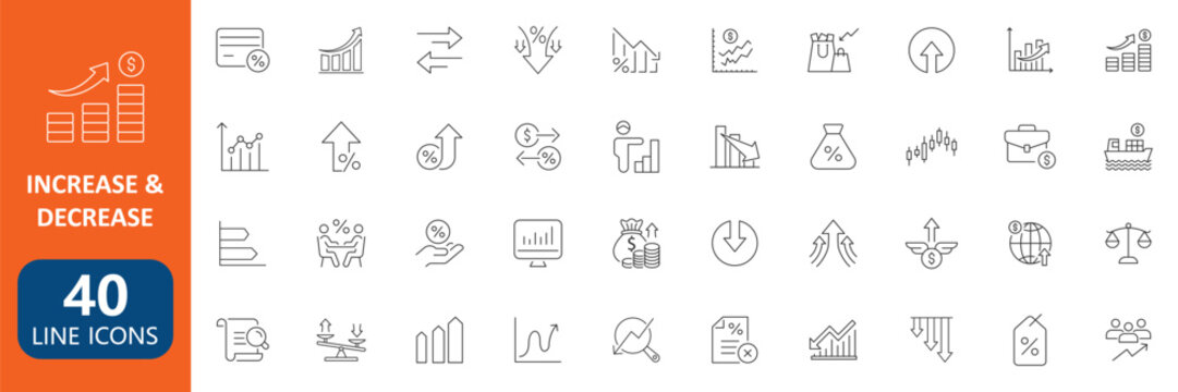 Increase and Decrease Financial Growth Line Icon Set with Business Analytics Revenue Profit Loss Investment Market Trend Chart Data Visualization Economic Performance Collection editable stroke
