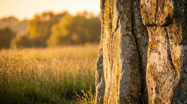 Close-up view of Stonehenge stones bathed in warm summer light during solstice, with golden fields and trees in the background