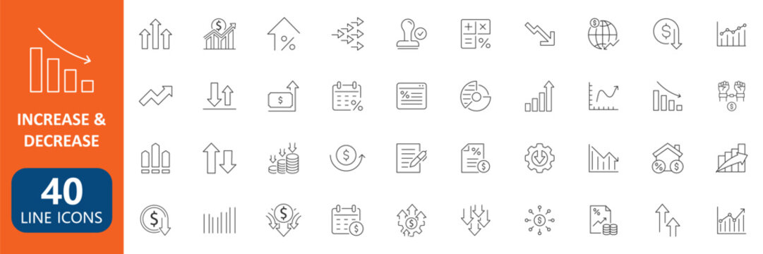 Increase and Decrease Financial Growth Line Icon Set with Business Analytics Revenue Profit Loss Investment Market Trend Chart Data Visualization Economic Performance Collection editable stroke
