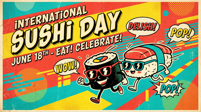 Retro Pop Art International Sushi Day Poster with Comic Style Sushi and Bold Typography