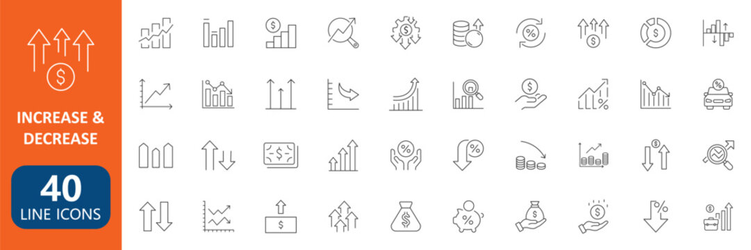 Increase and Decrease Financial Growth Line Icon Set with Business Analytics Revenue Profit Loss Investment Market Trend Chart Data Visualization Economic Performance Collection editable stroke
