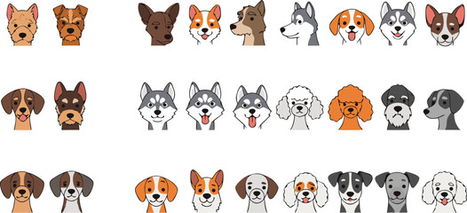 Cute dog face cartoon vector illustration set featuring adorable puppy breeds and pet head character collection isolated © Yevhenii creative