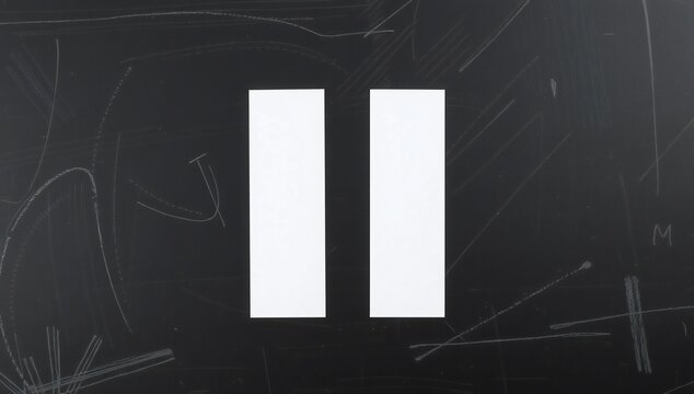 A white pause symbol made of two vertical rectangles set against a dark scratched chalkboard surface